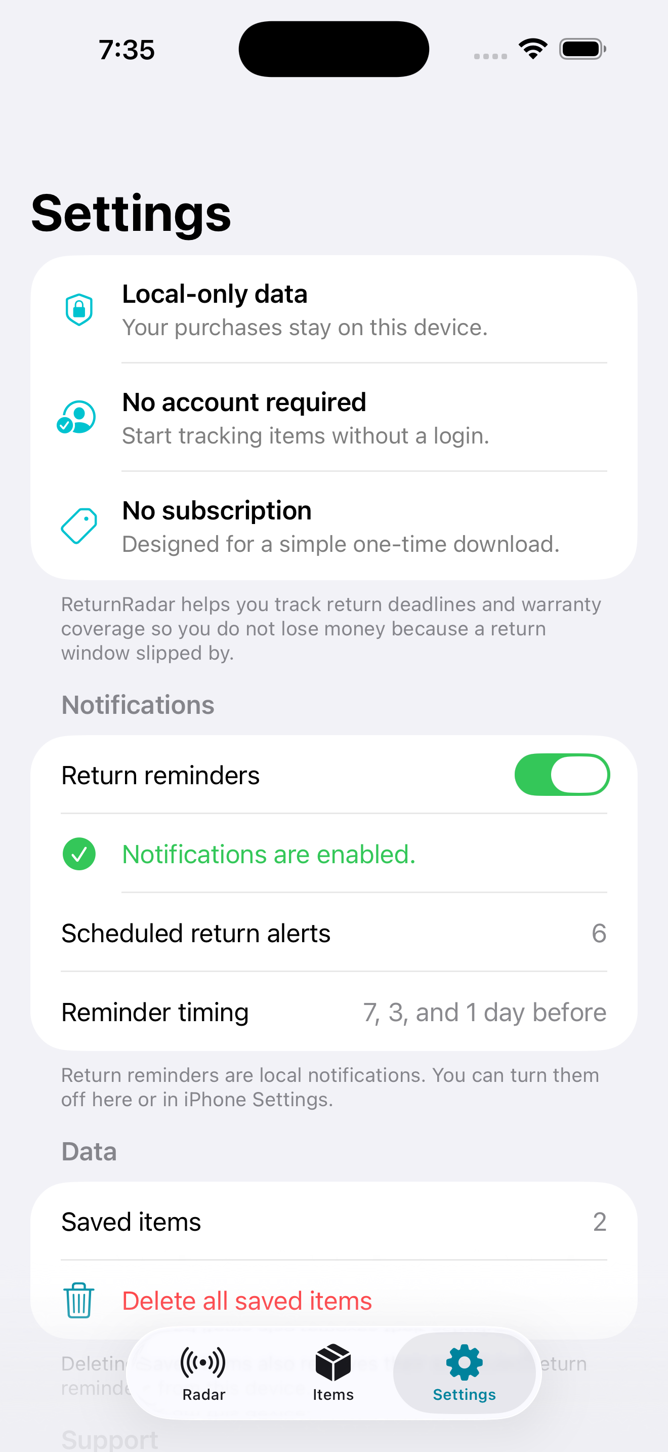 ReturnRadar settings showing local-only data and notification options